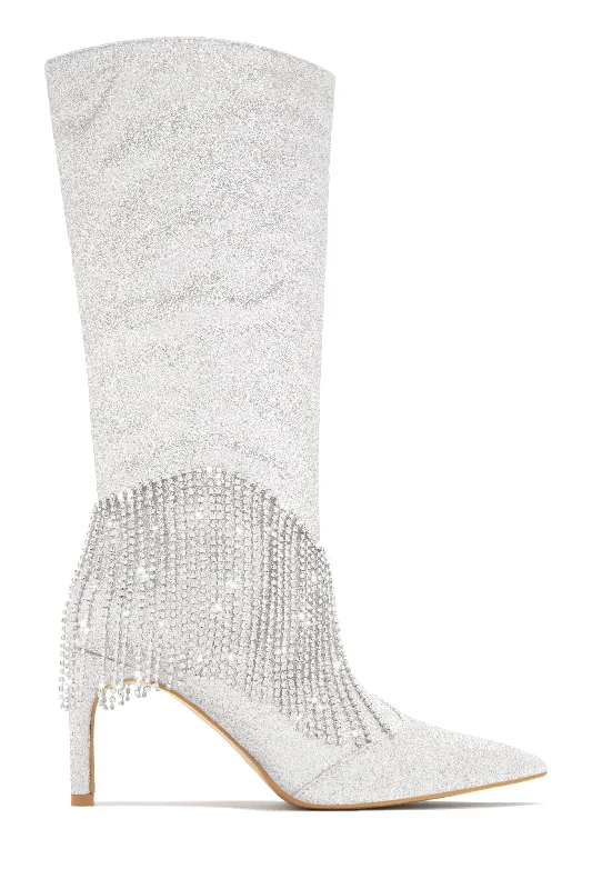 Faye Embellished Fringe Knee High Boots - Silver