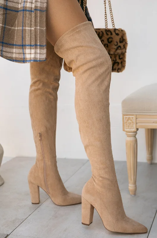 Set The Bar Over The Knee Block High Heel Boots - Taupe