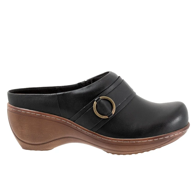 Softwalk Macintyre S2361-001 Womens Black Leather Slip On Clog Flats Shoes